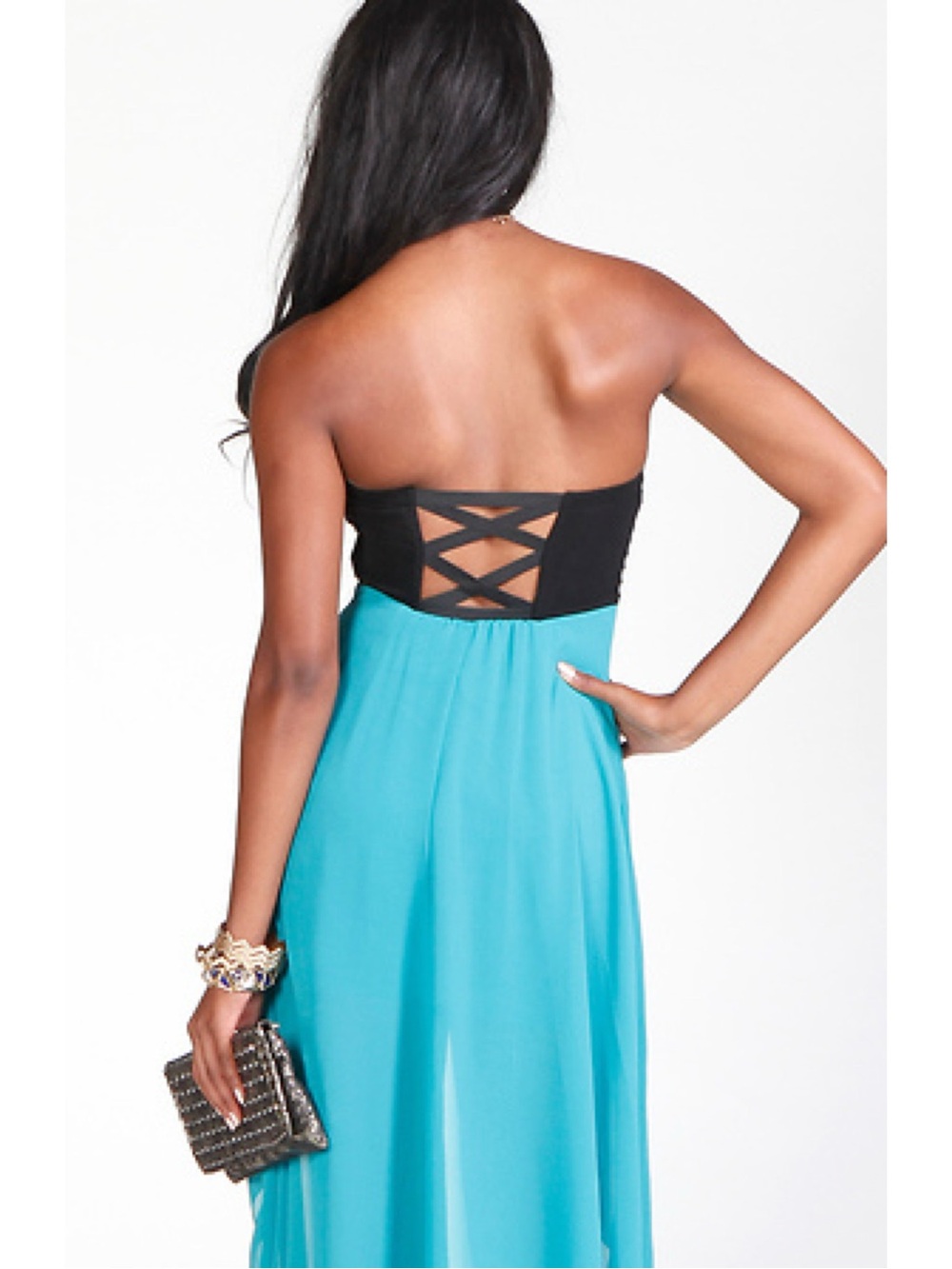 Ya Los Angeles Strapless Black & Teal High-Low Dress size medium - Picture 3 of 11